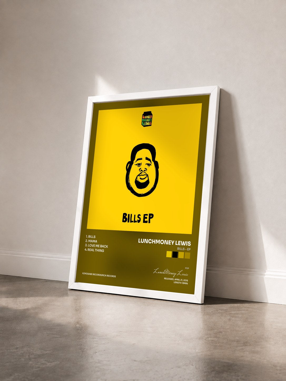 #blanc Tableau de l'album Bills - EP de LunchMoney Lewis vu de trois quarts, cadre blanc