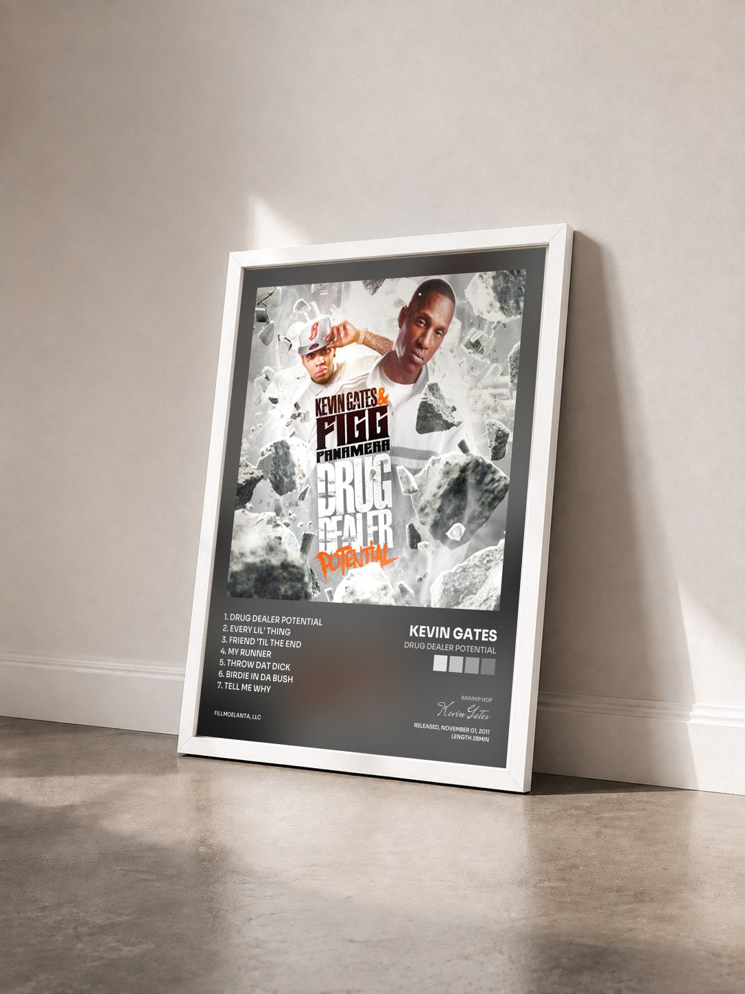 #blanc Tableau de l'album Drug Dealer Potential de Kevin Gates vu de trois quarts, cadre blanc