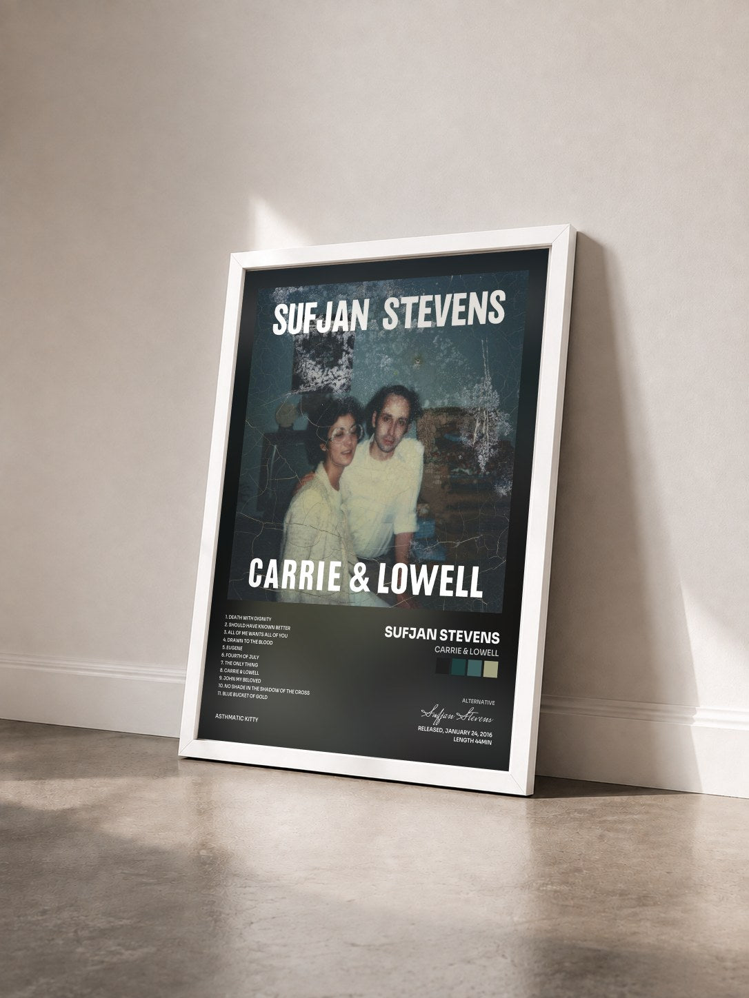 #blanc Tableau de l'album Carrie & Lowell de Sufjan Stevens vu de trois quarts, cadre blanc