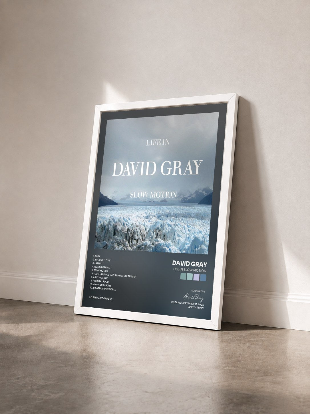 #blanc Tableau de l'album Life In Slow Motion de David Gray vu de trois quarts, cadre blanc