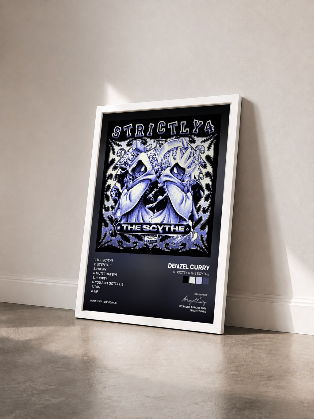 #blanc Tableau de l'album Strictly 4 The Scythe de Denzel Curry vu de trois quarts, cadre blanc