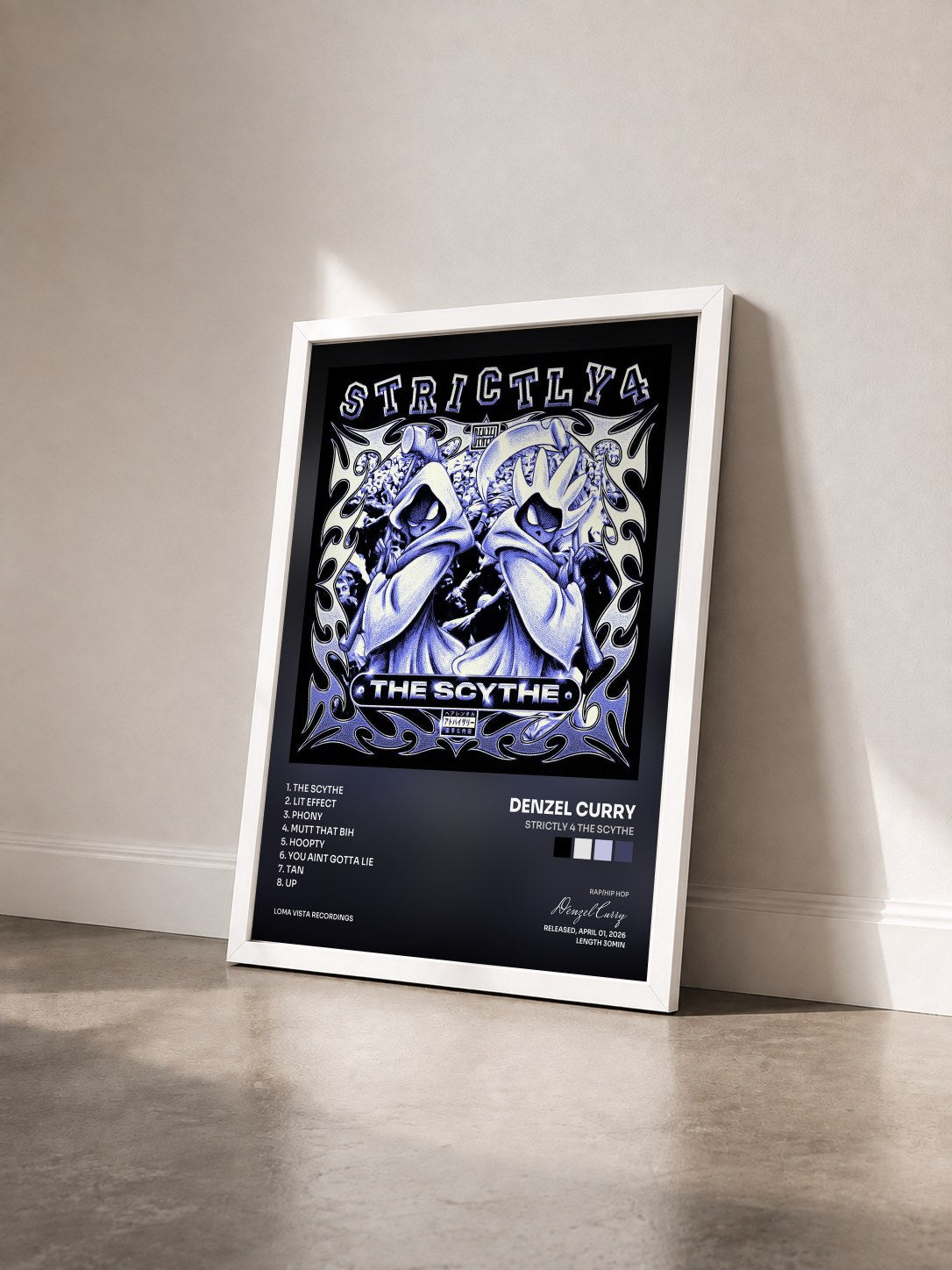 #blanc Tableau de l'album Strictly 4 The Scythe de Denzel Curry vu de trois quarts, cadre blanc