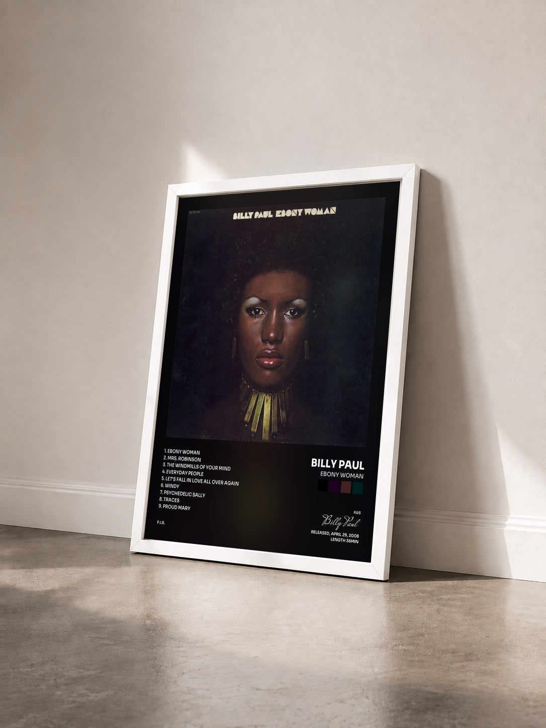 #blanc Tableau de l'album Ebony Woman de Billy Paul vu de trois quarts, cadre blanc