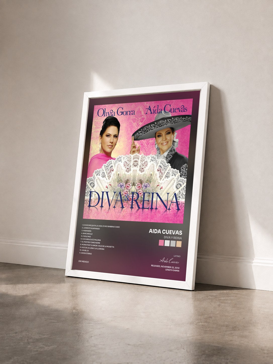 #blanc Tableau de l'album Diva Y Reina de Aida Cuevas vu de trois quarts, cadre blanc