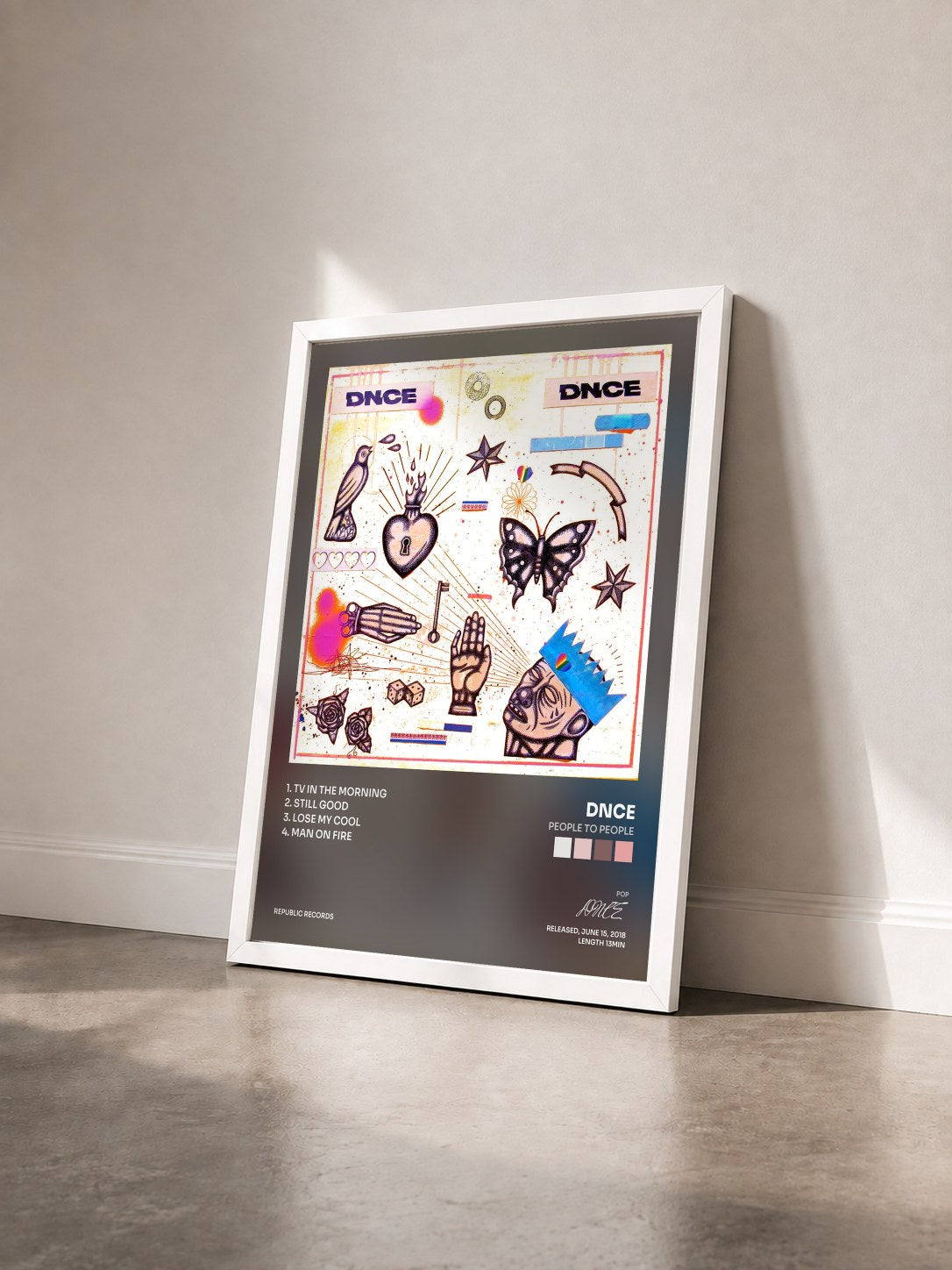 #blanc Tableau de l'album People To People de DNCE vu de trois quarts, cadre blanc