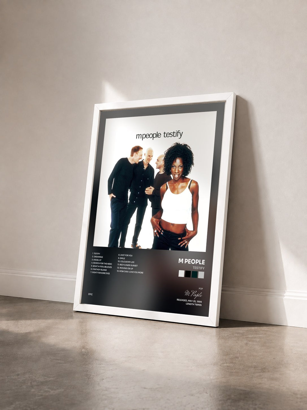 #blanc Testify by M People as a framed art print seen at an angle, white frame