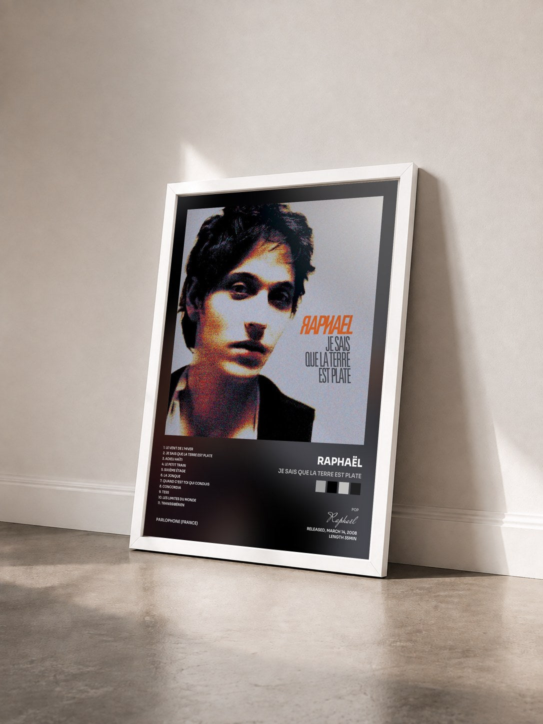 #blanc Tableau de l'album Je Sais Que La Terre Est Plate de Raphaël vu de trois quarts, cadre blanc