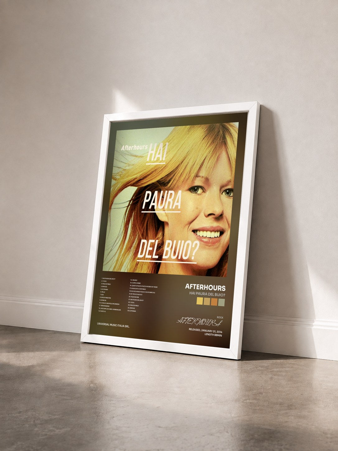 #blanc Tableau de l'album Hai Paura Del Buio? de AFTERHOURS vu de trois quarts, cadre blanc