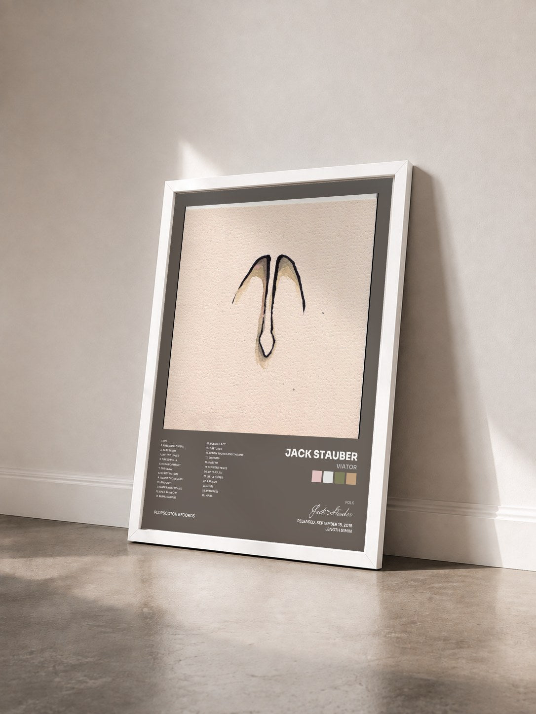 #blanc Tableau de l'album Viator de Jack Stauber vu de trois quarts, cadre blanc