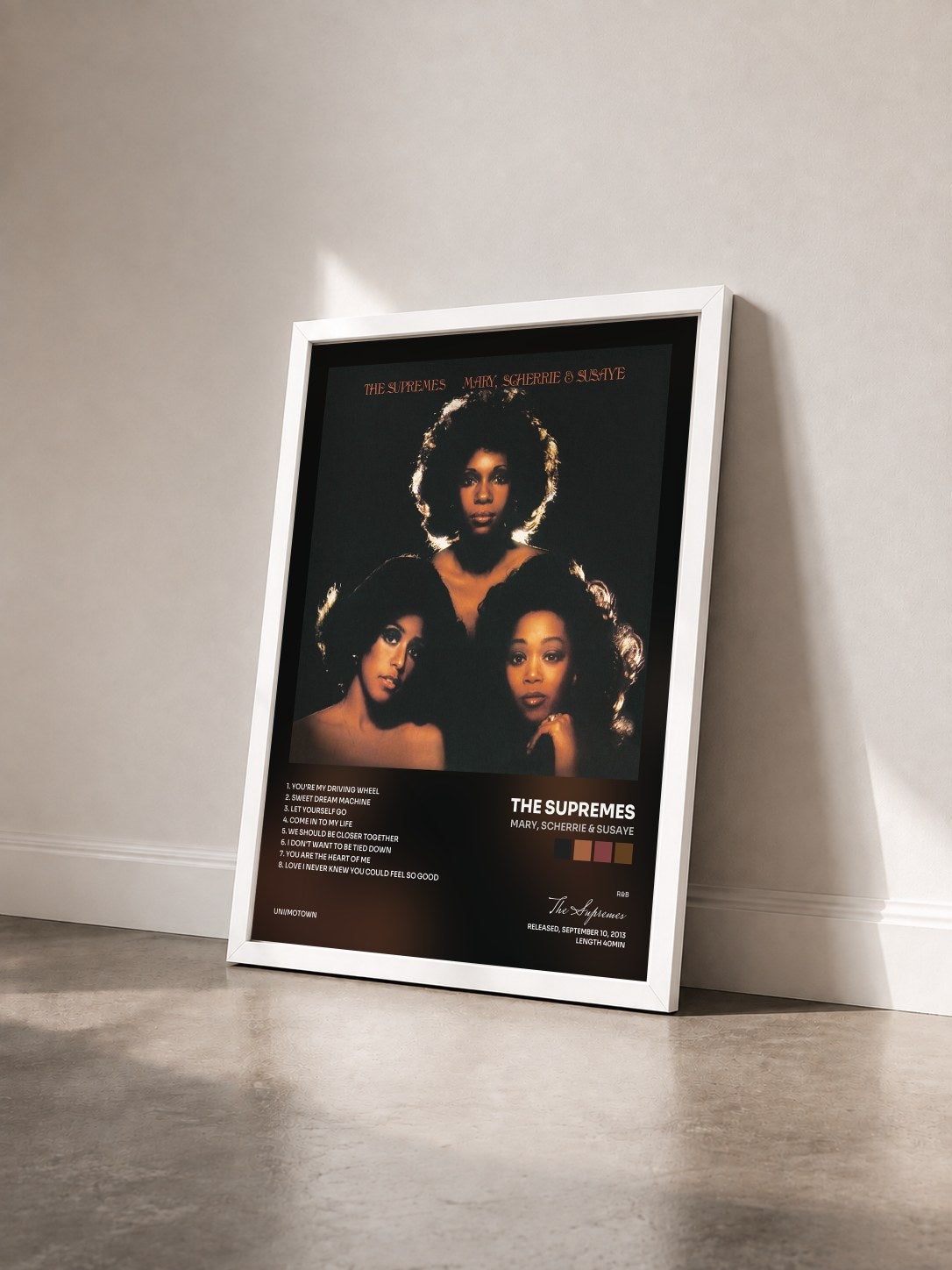 #blanc Tableau de l'album Mary, Scherrie & Susaye de The Supremes vu de trois quarts, cadre blanc