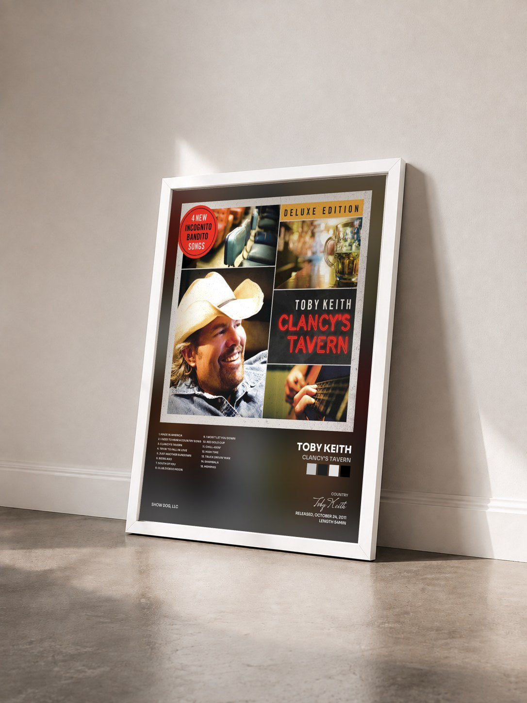 #blanc Tableau de l'album Clancy's Tavern de Toby Keith vu de trois quarts, cadre blanc