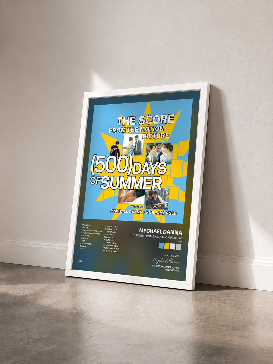 #blanc Tableau de l'album The Score From The Motion Picture (500) Days Of Summer de Mychael Danna vu de trois quarts, cadre blanc