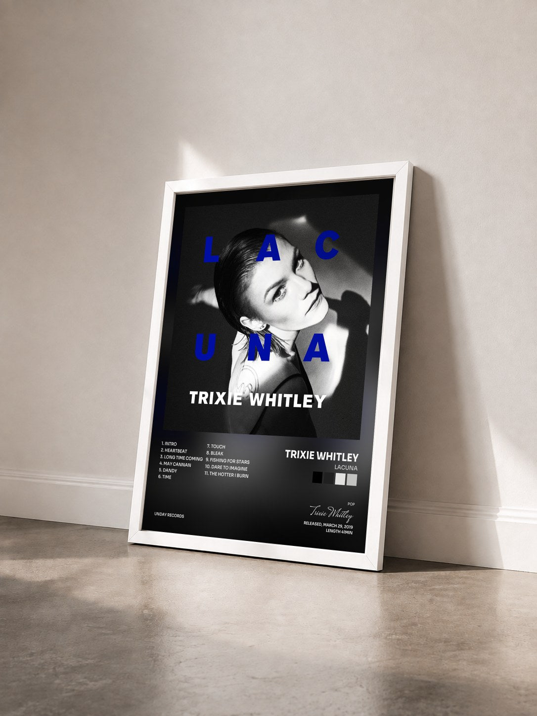 #blanc Tableau de l'album Lacuna de Trixie Whitley vu de trois quarts, cadre blanc