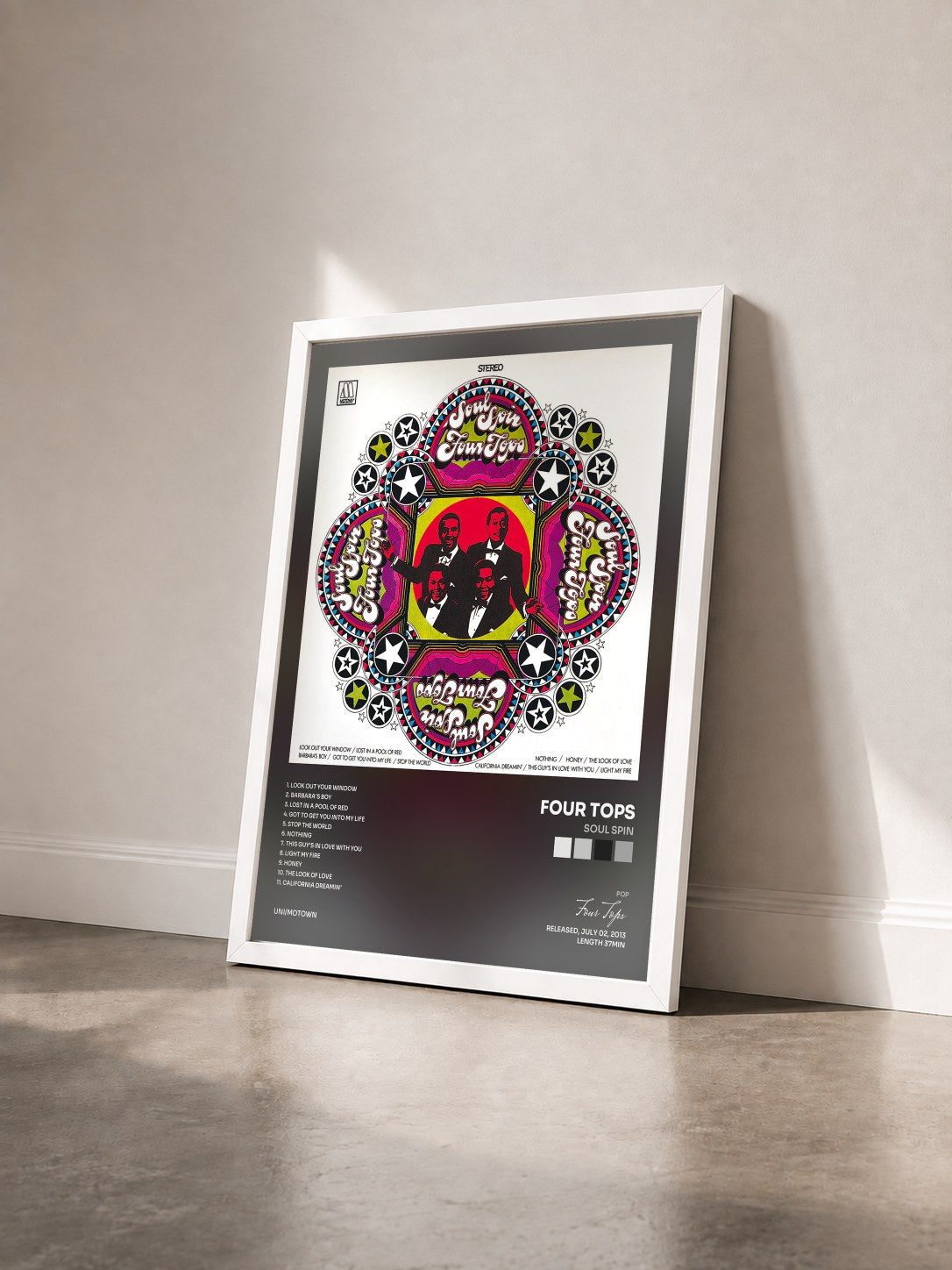 #blanc Tableau de l'album Soul Spin de Four Tops vu de trois quarts, cadre blanc