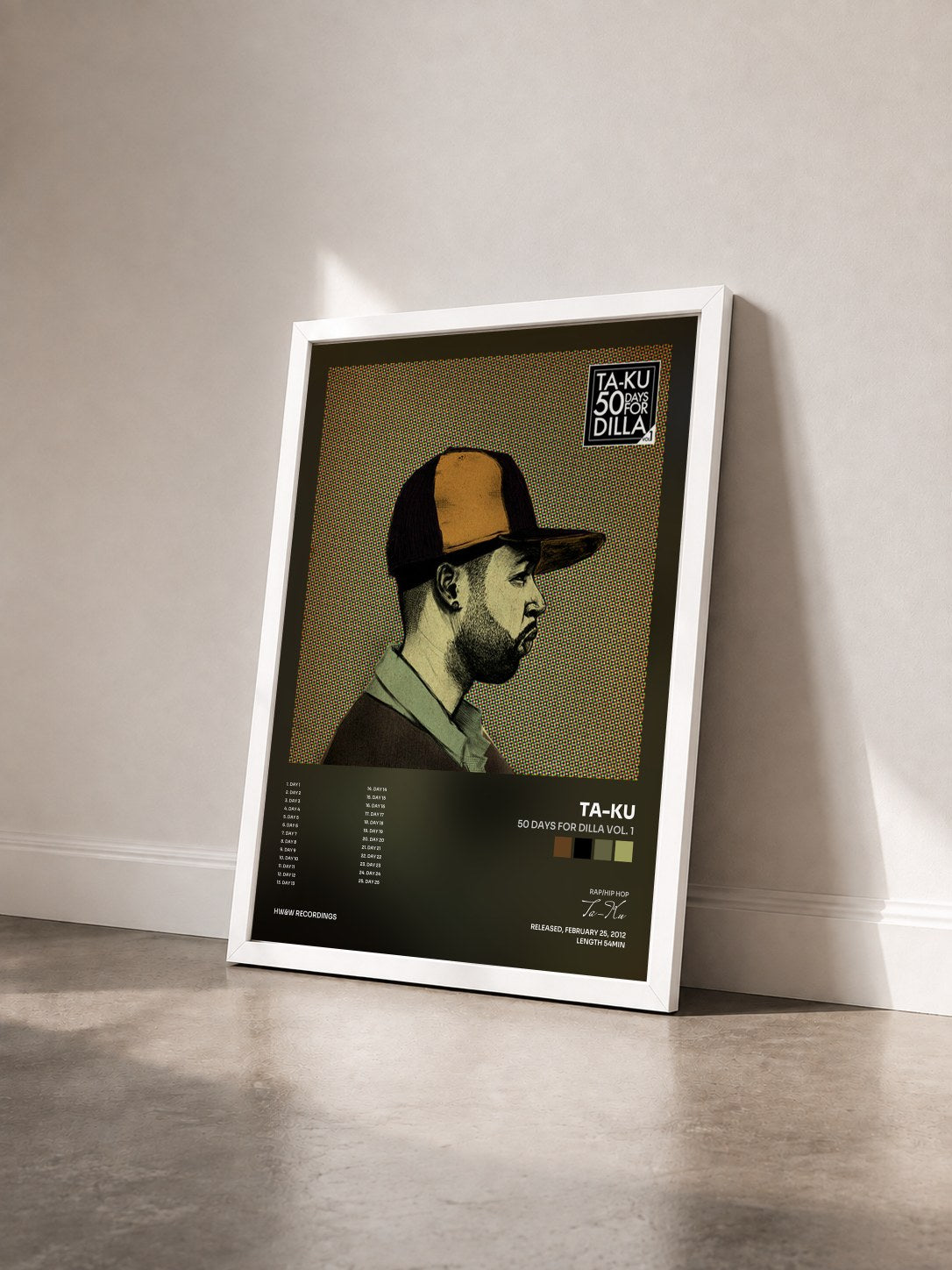 #blanc Tableau de l'album 50 Days For Dilla Vol. 1 de Ta-Ku vu de trois quarts, cadre blanc