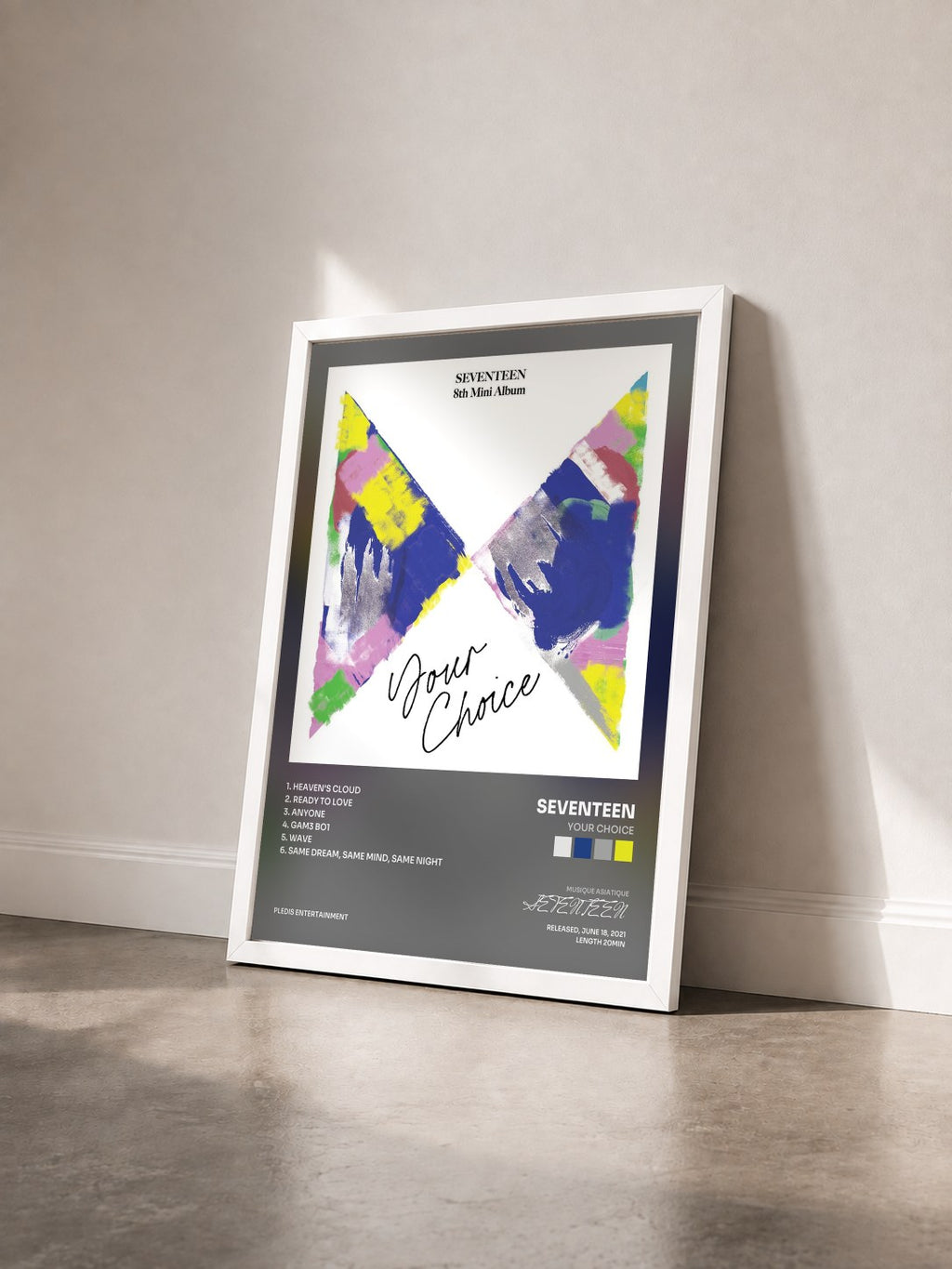 #blanc Tableau de l'album Your Choice de SEVENTEEN vu de trois quarts, cadre blanc