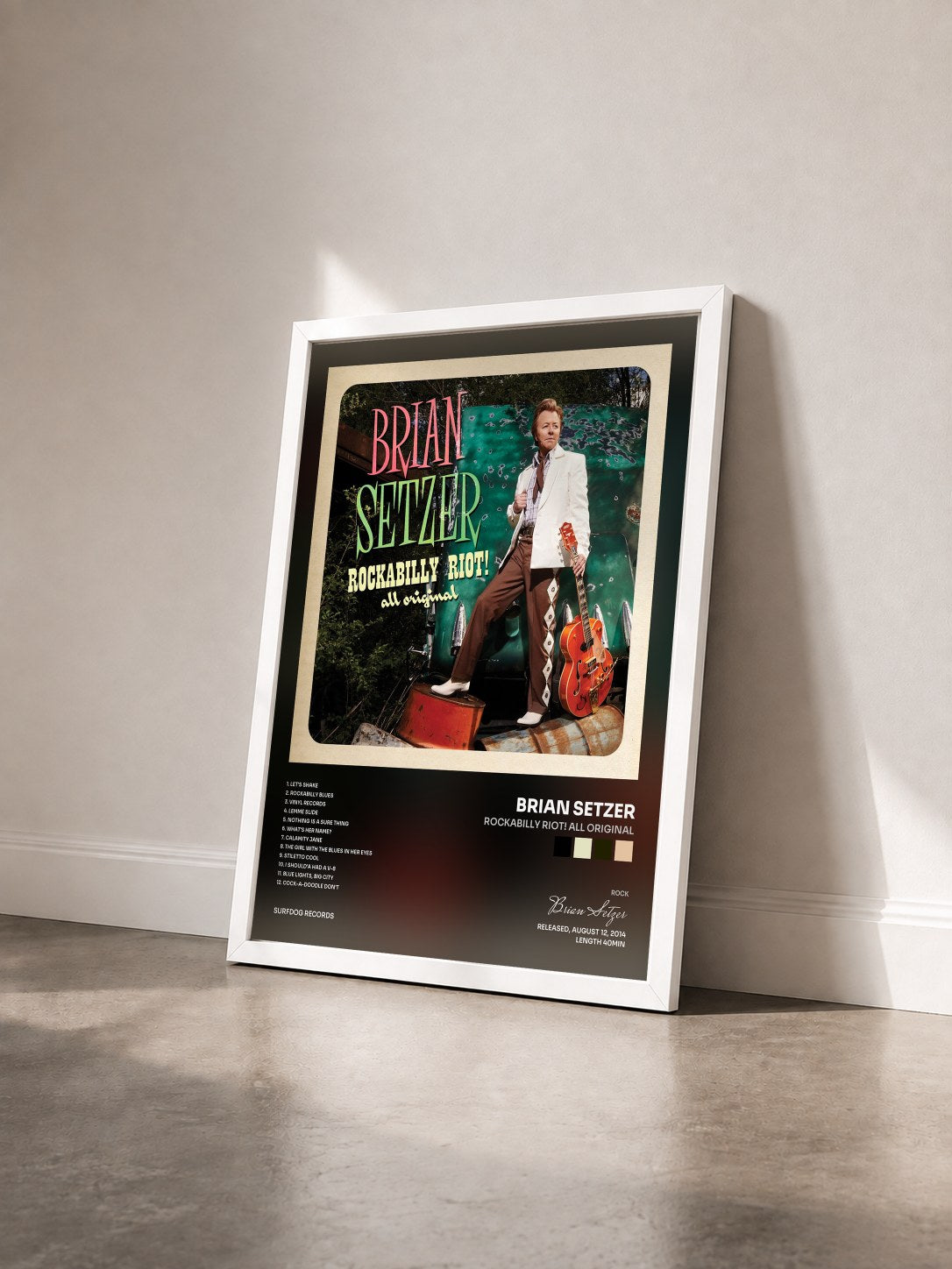#blanc Tableau de l'album Rockabilly Riot! All Original de Brian Setzer vu de trois quarts, cadre blanc