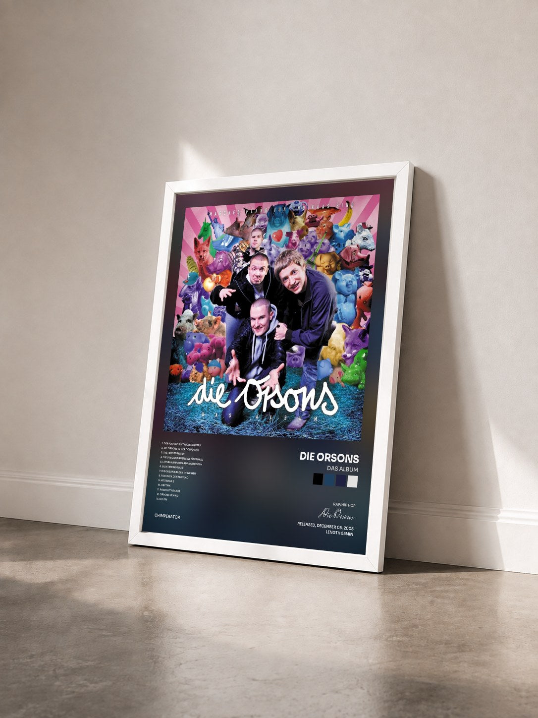 #blanc Tableau de l'album Das Album de Die Orsons vu de trois quarts, cadre blanc
