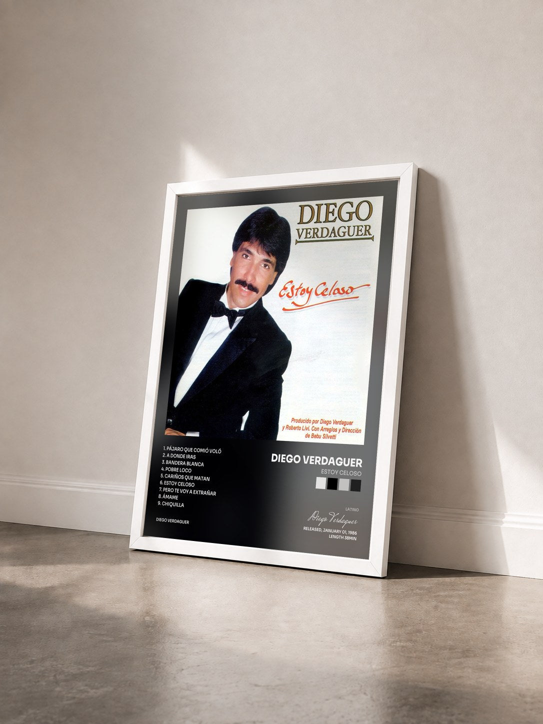#blanc Tableau de l'album Estoy Celoso de Diego Verdaguer vu de trois quarts, cadre blanc