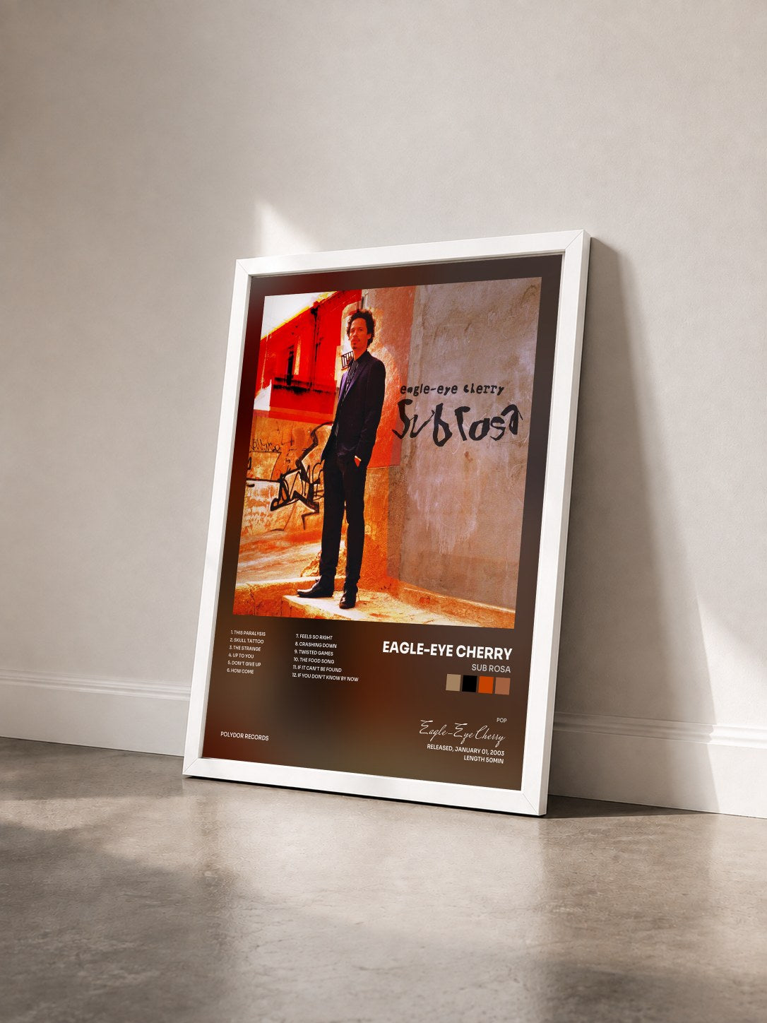 #blanc Tableau de l'album Sub Rosa de Eagle-Eye Cherry vu de trois quarts, cadre blanc