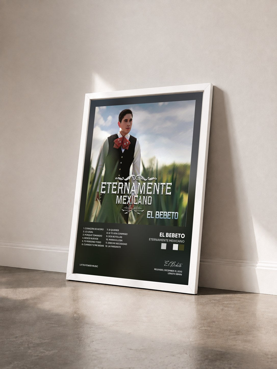#blanc Tableau de l'album Eternamente Mexicano de El Bebeto vu de trois quarts, cadre blanc