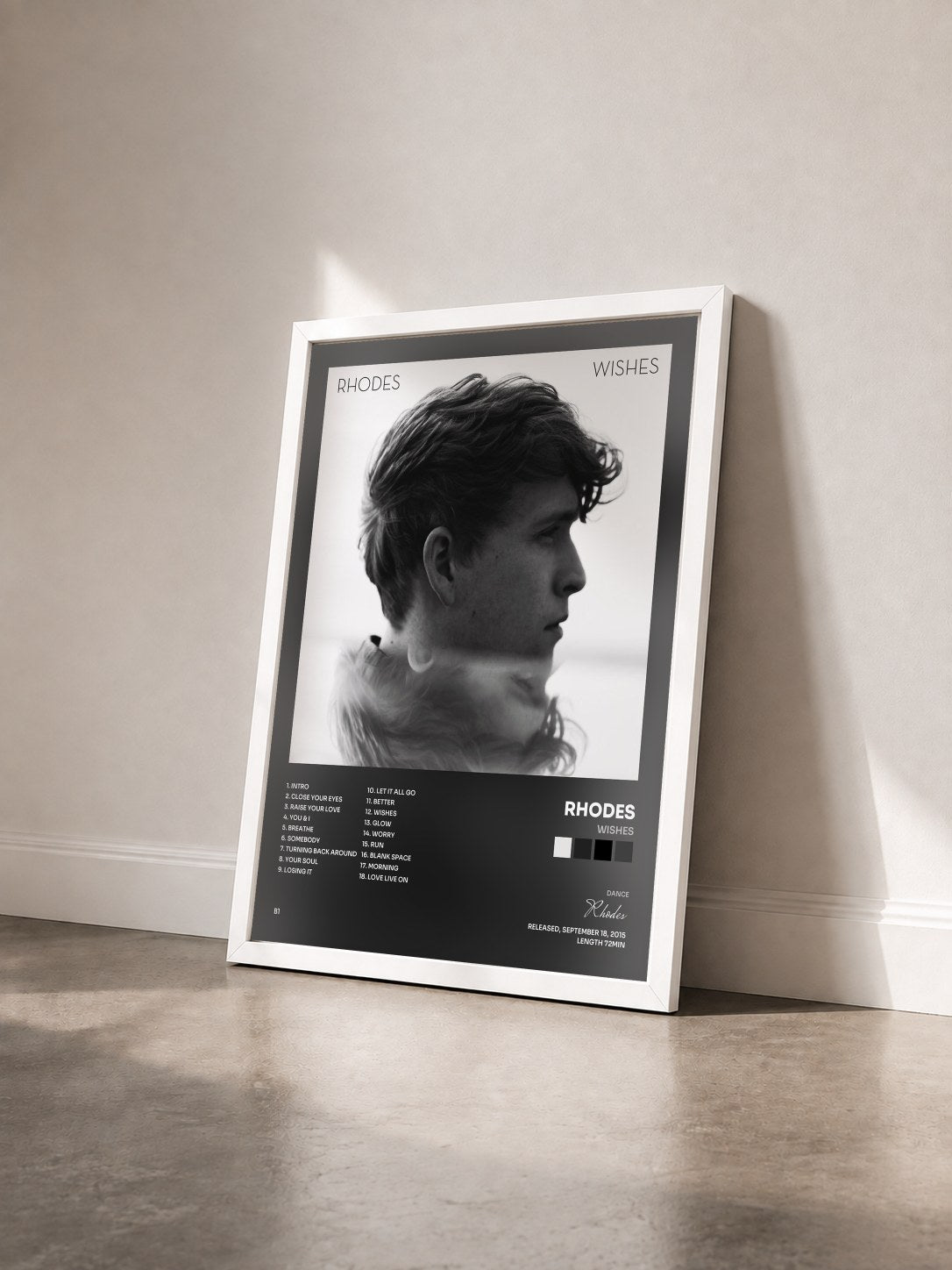 #blanc Tableau de l'album Wishes de Rhodes vu de trois quarts, cadre blanc
