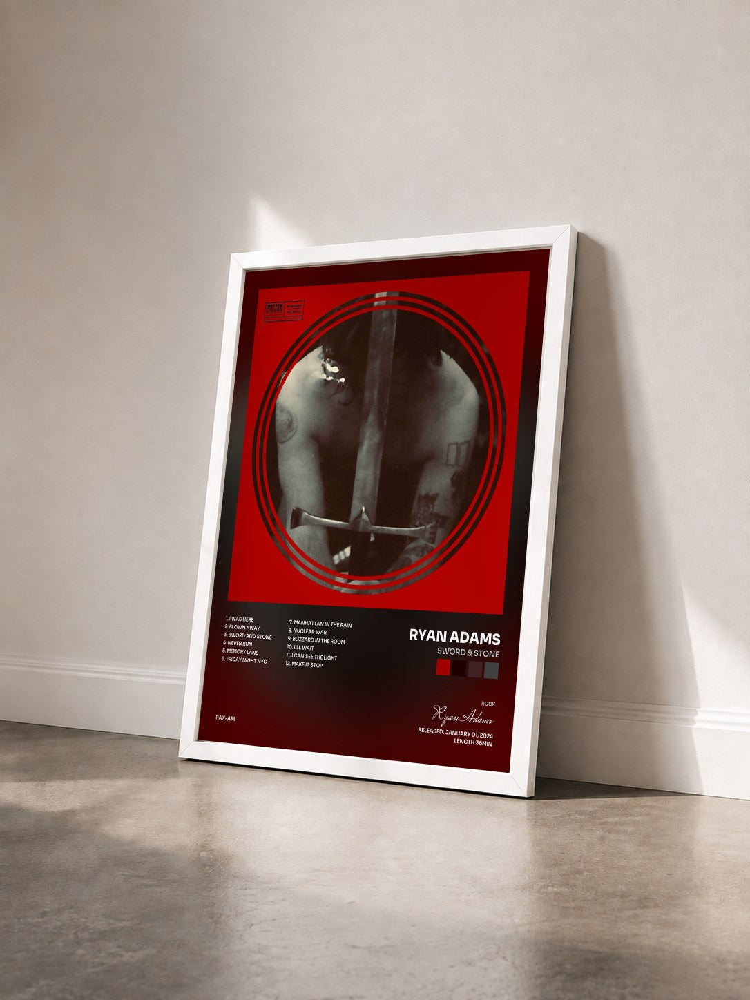 #blanc Tableau de l'album Sword & Stone de Ryan Adams vu de trois quarts, cadre blanc