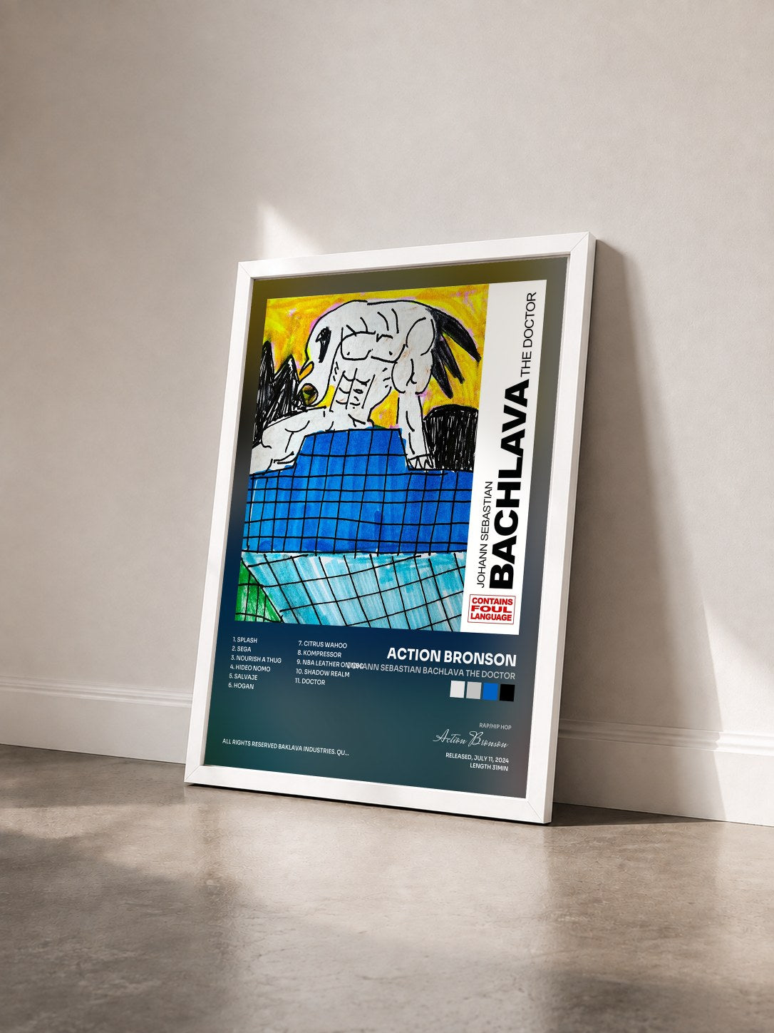 #blanc Tableau de l'album JOHANN SEBASTIAN BACHLAVA THE DOCTOR de Action Bronson vu de trois quarts, cadre blanc