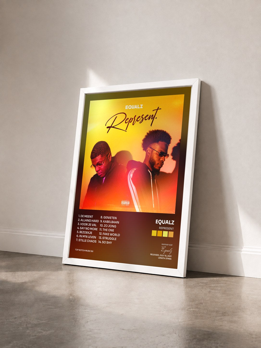 #blanc Tableau de l'album Represent de Equalz vu de trois quarts, cadre blanc