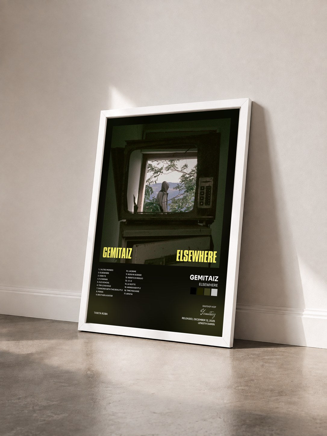#blanc Tableau de l'album ELSEWHERE de Gemitaiz vu de trois quarts, cadre blanc