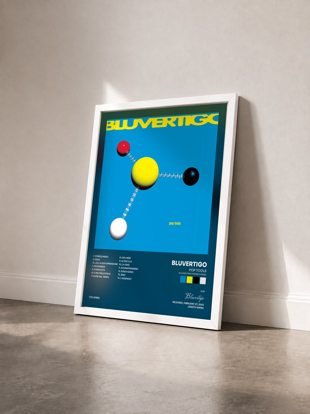 #blanc Tableau de l'album Pop Tools (Alcune Fasi e Forme d'Onda) de Bluvertigo vu de trois quarts, cadre blanc