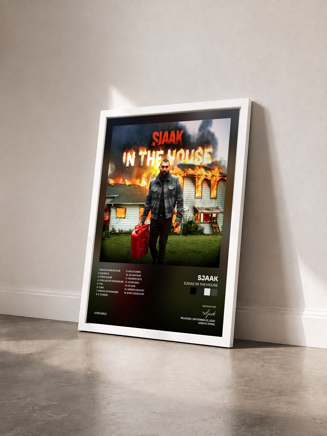 #blanc Tableau de l'album Sjaak In The House de Sjaak vu de trois quarts, cadre blanc