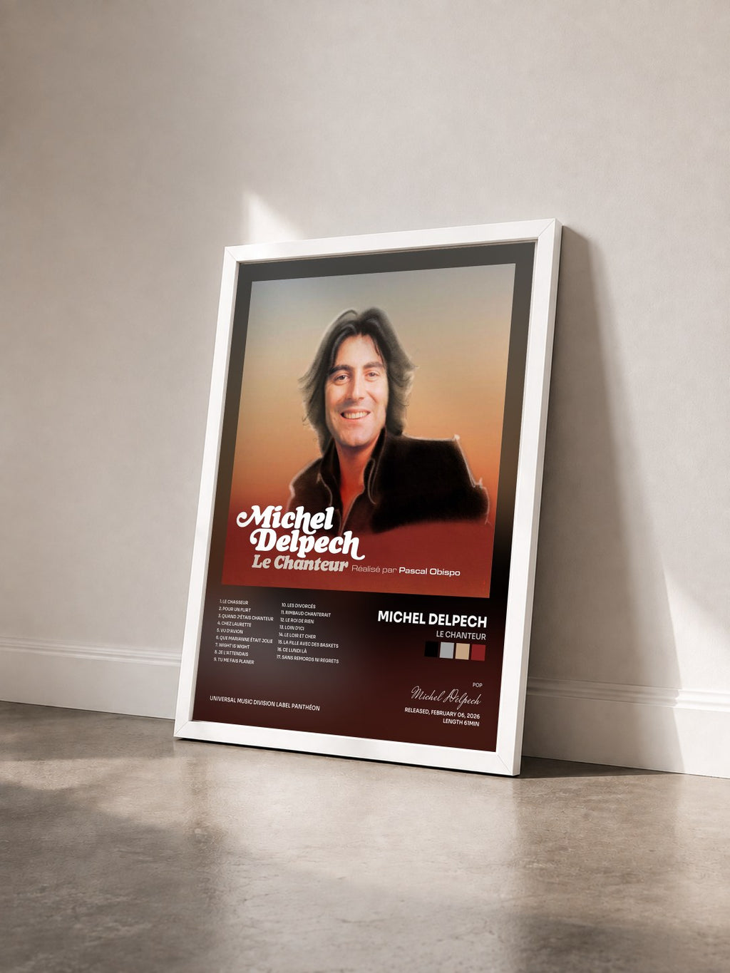 #blanc Tableau de l'album Le chanteur de Michel Delpech vu de trois quarts, cadre blanc