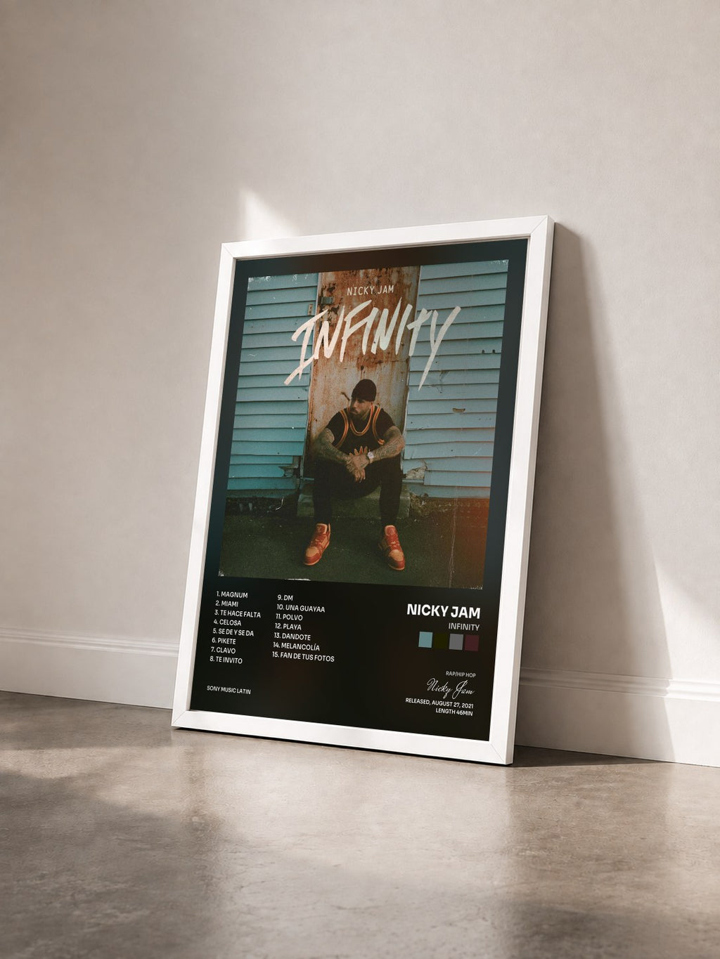 #blanc Tableau de l'album Infinity de Nicky Jam vu de trois quarts, cadre blanc