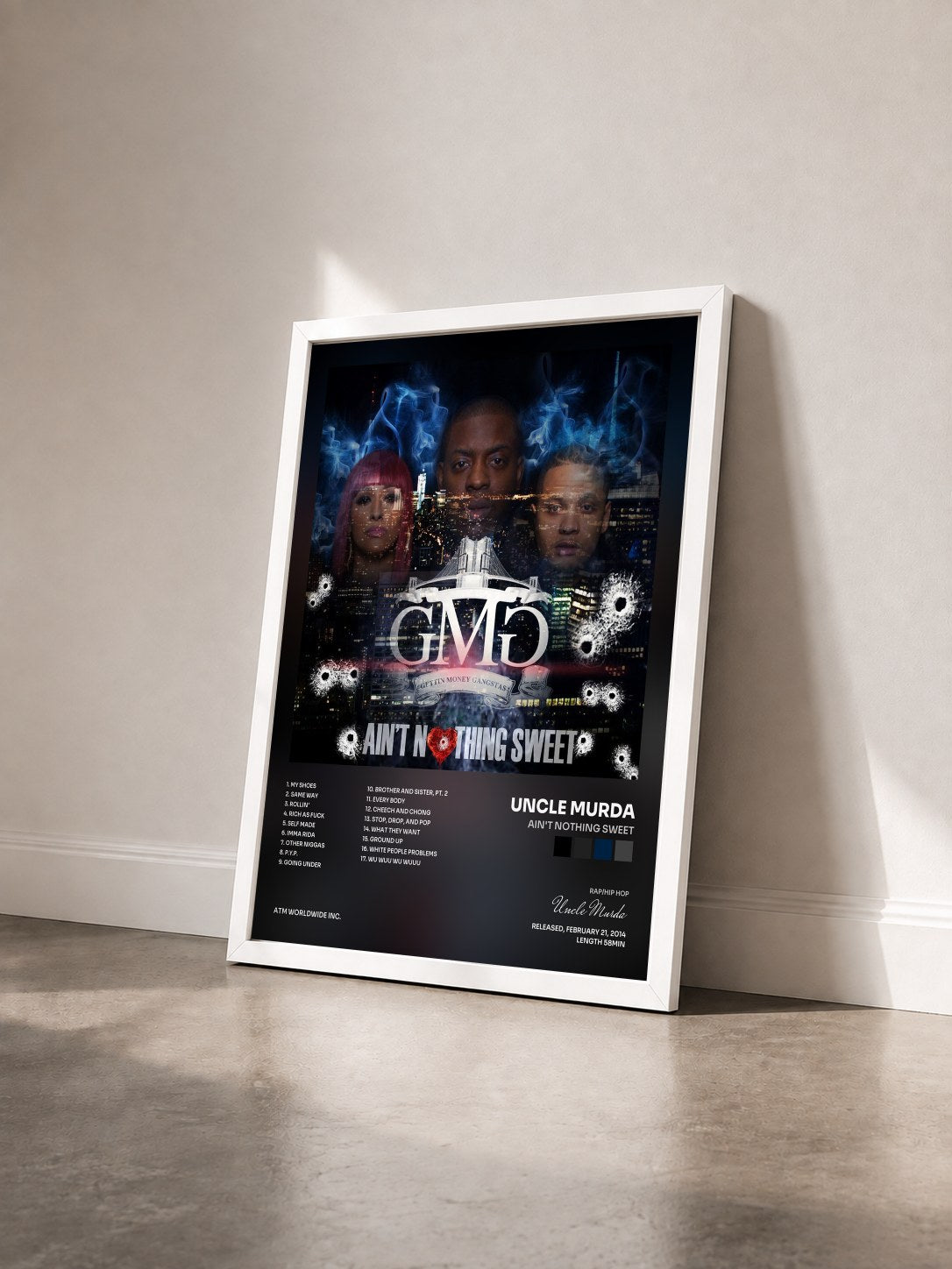 #blanc Tableau de l'album Ain't Nothing Sweet de Uncle Murda vu de trois quarts, cadre blanc