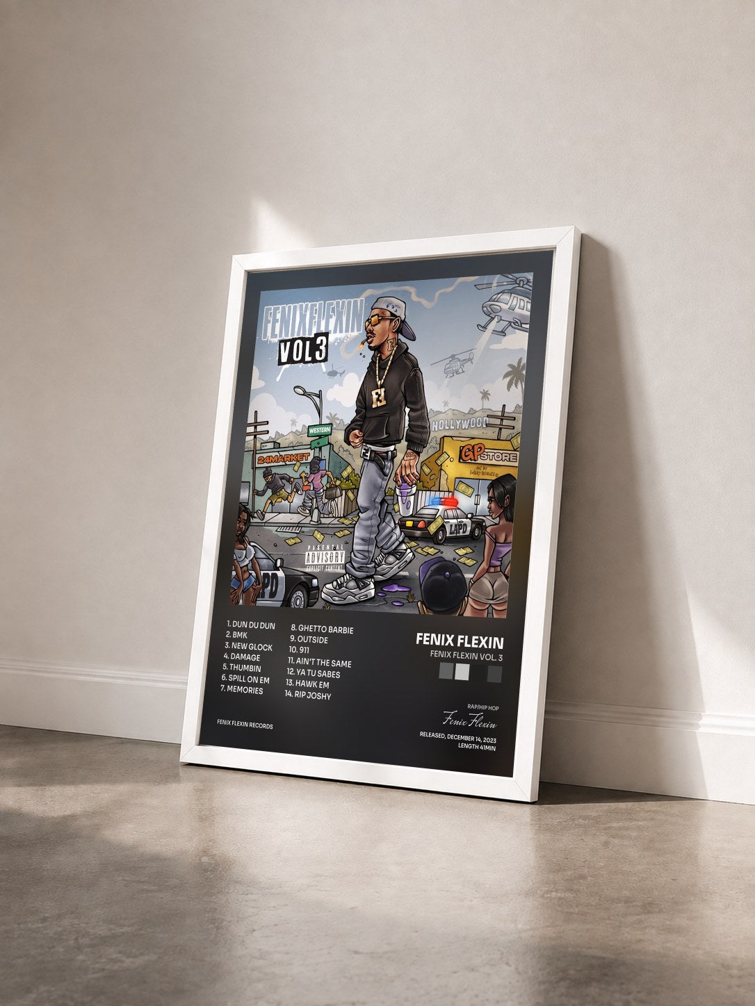 #blanc Tableau de l'album Fenix Flexin Vol. 3 de Fenix Flexin vu de trois quarts, cadre blanc
