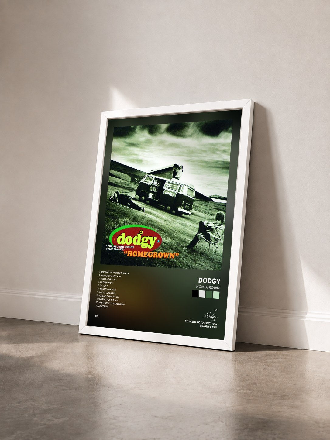 #blanc Tableau de l'album Homegrown de Dodgy vu de trois quarts, cadre blanc