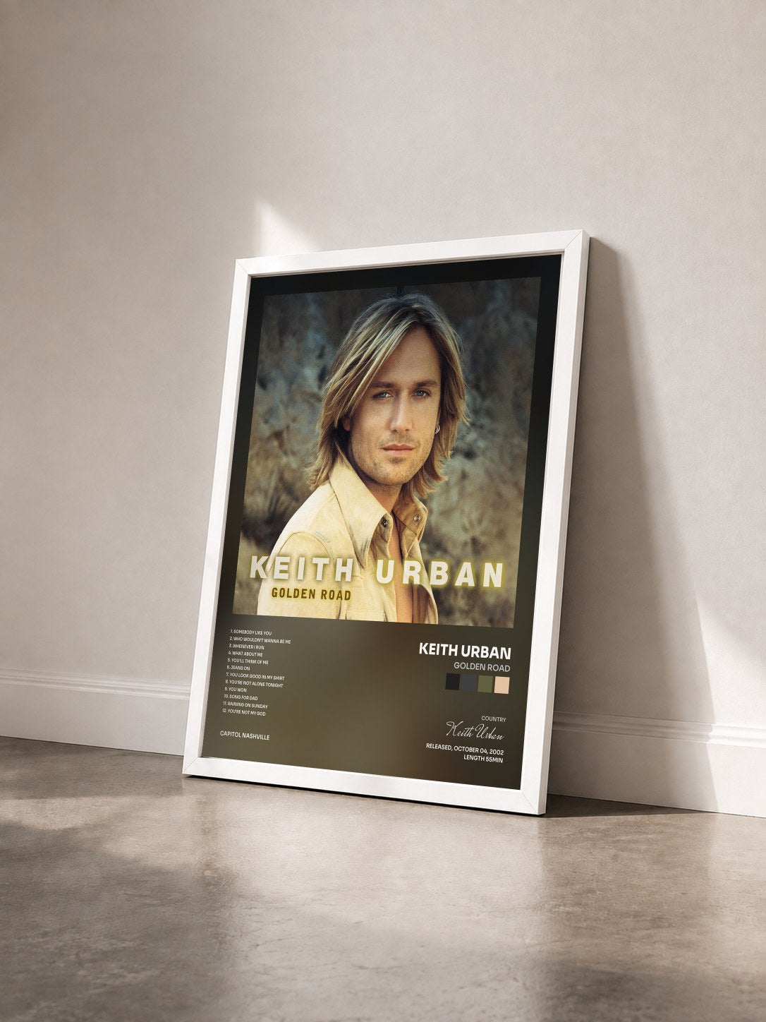 #blanc Tableau de l'album Golden Road de Keith Urban vu de trois quarts, cadre blanc