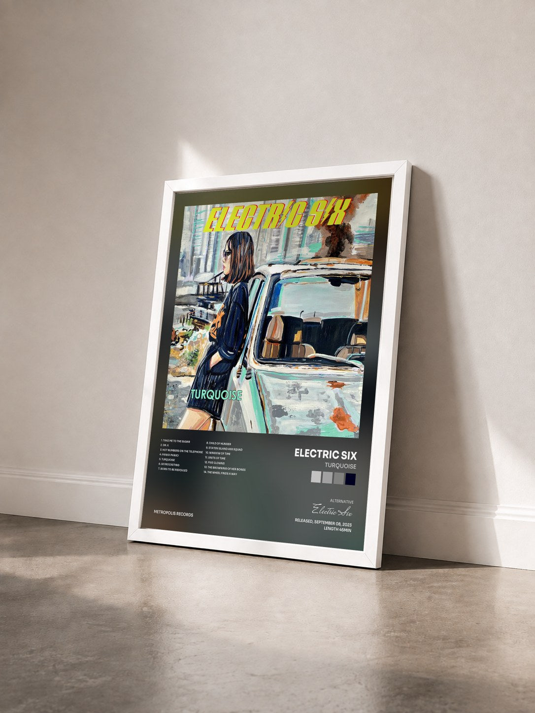 #blanc Tableau de l'album Turquoise de Electric Six vu de trois quarts, cadre blanc