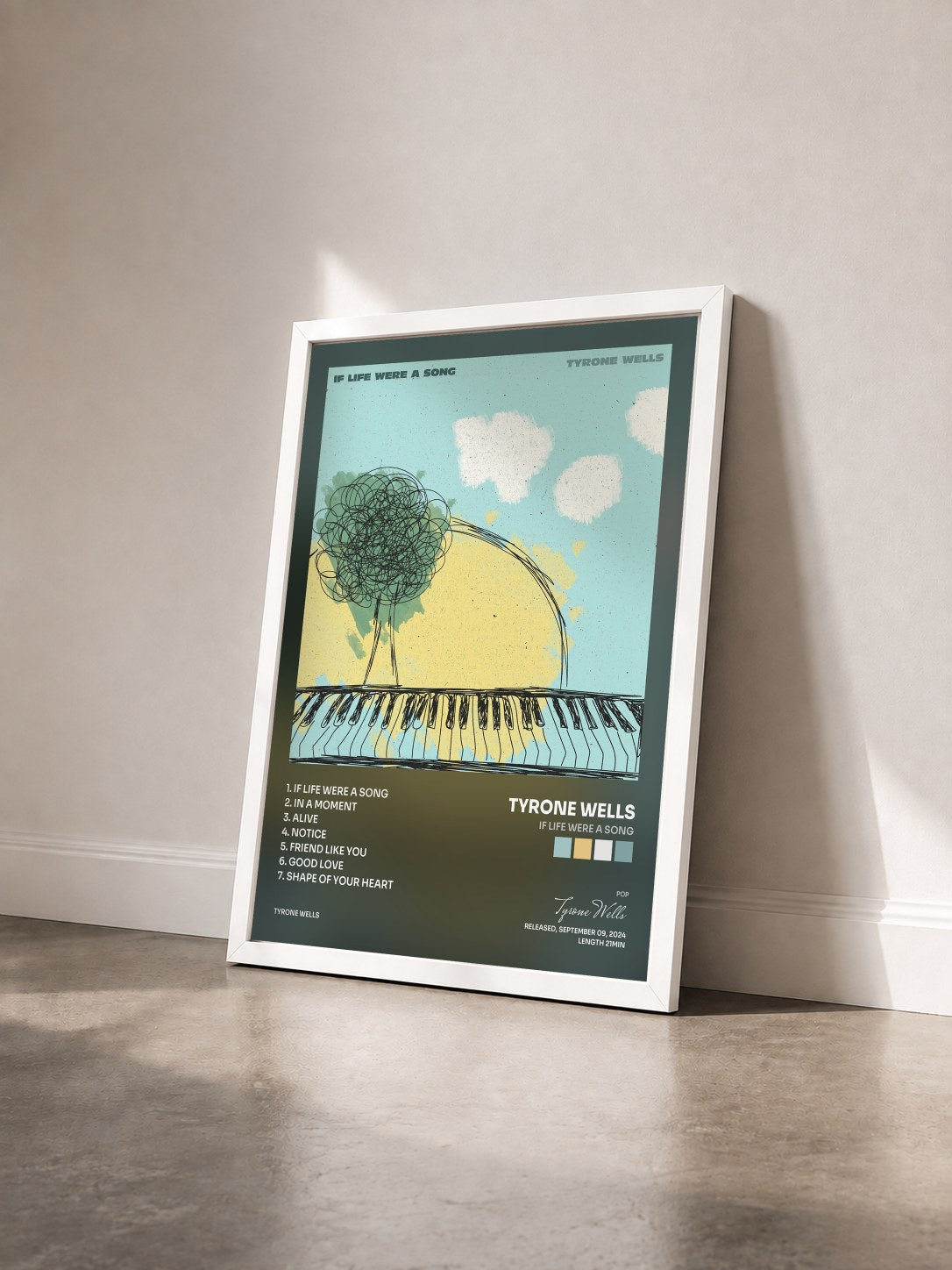 #blanc Tableau de l'album If Life Were a Song de Tyrone Wells vu de trois quarts, cadre blanc
