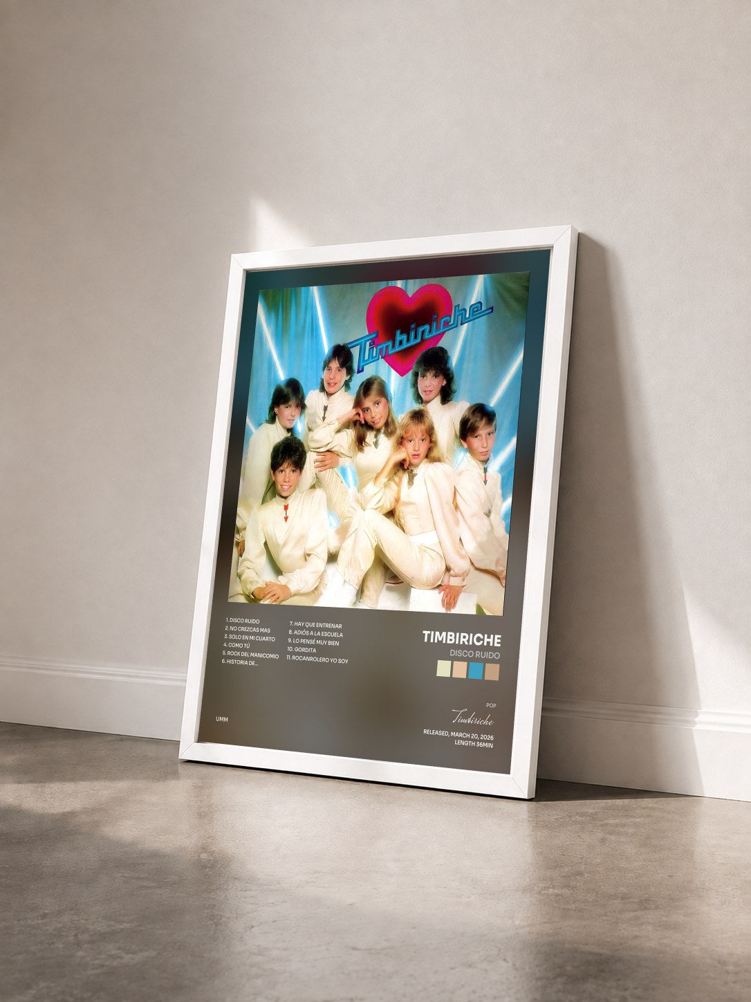#blanc Tableau de l'album Disco Ruido de Timbiriche vu de trois quarts, cadre blanc