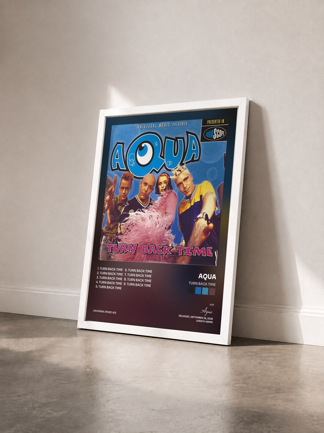 #blanc Tableau de l'album Turn Back Time de Aqua vu de trois quarts, cadre blanc