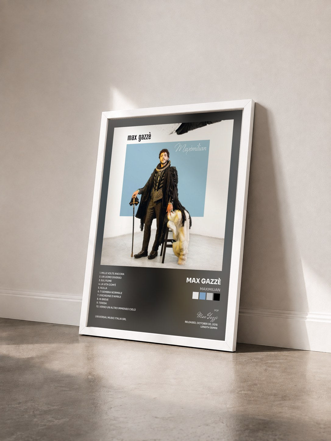 #blanc Tableau de l'album Maximilian de Max Gazzè vu de trois quarts, cadre blanc