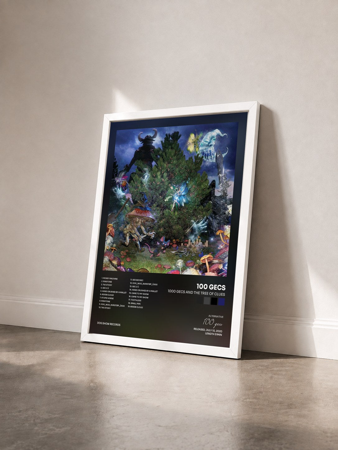 #blanc Tableau de l'album 1000 gecs and The Tree of Clues de 100 gecs vu de trois quarts, cadre blanc