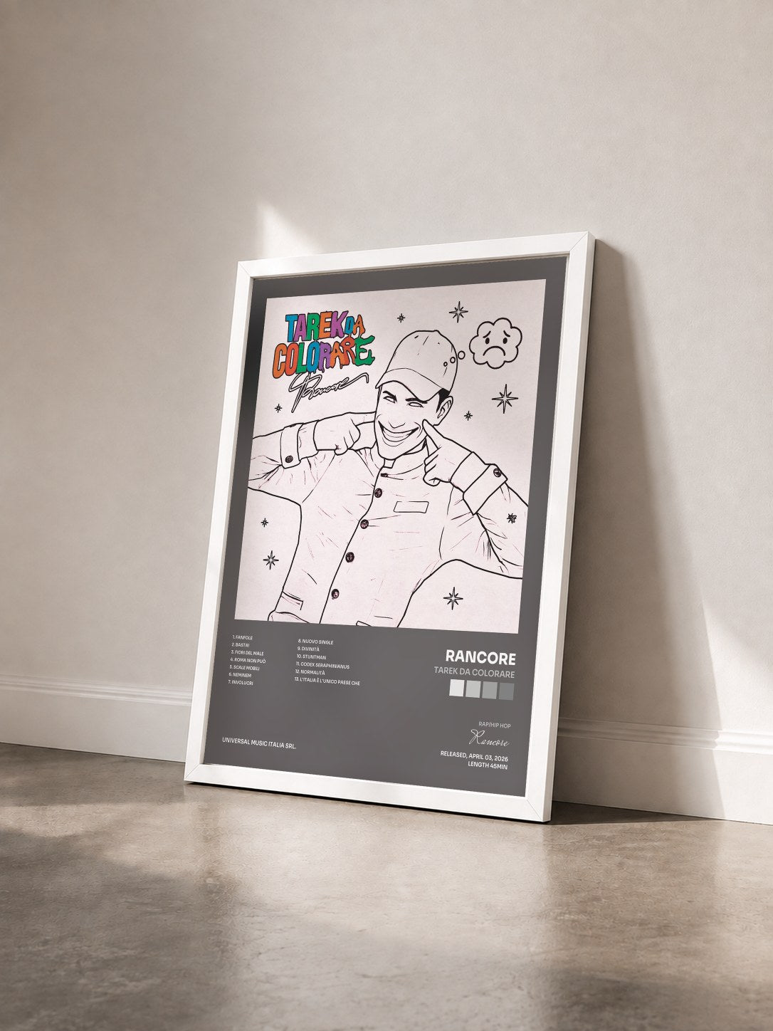 #blanc Tableau de l'album TAREK DA COLORARE de Rancore vu de trois quarts, cadre blanc