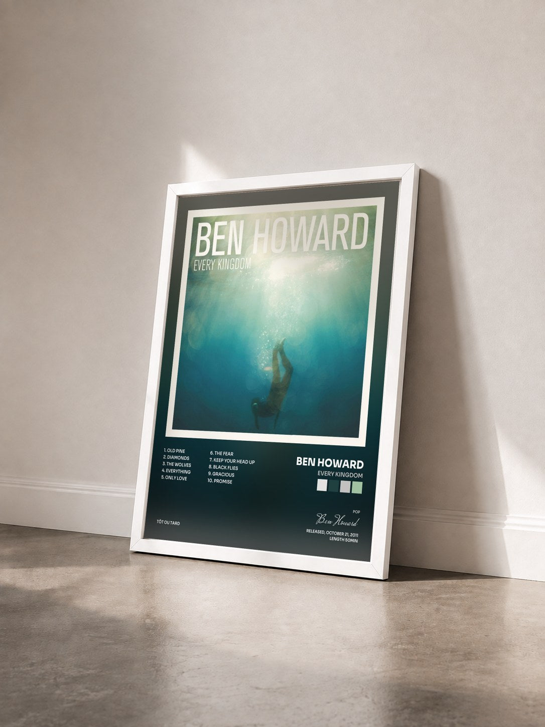 #blanc Tableau de l'album Every Kingdom de Ben Howard vu de trois quarts, cadre blanc