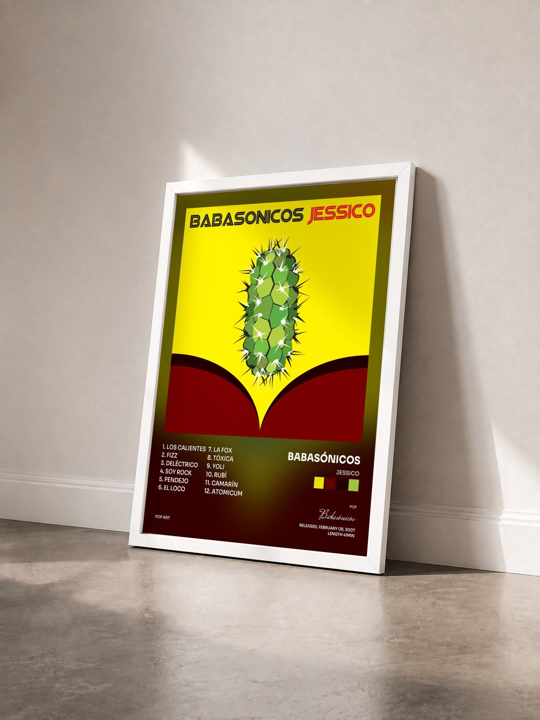 #blanc Tableau de l'album Jessico de Babasónicos vu de trois quarts, cadre blanc