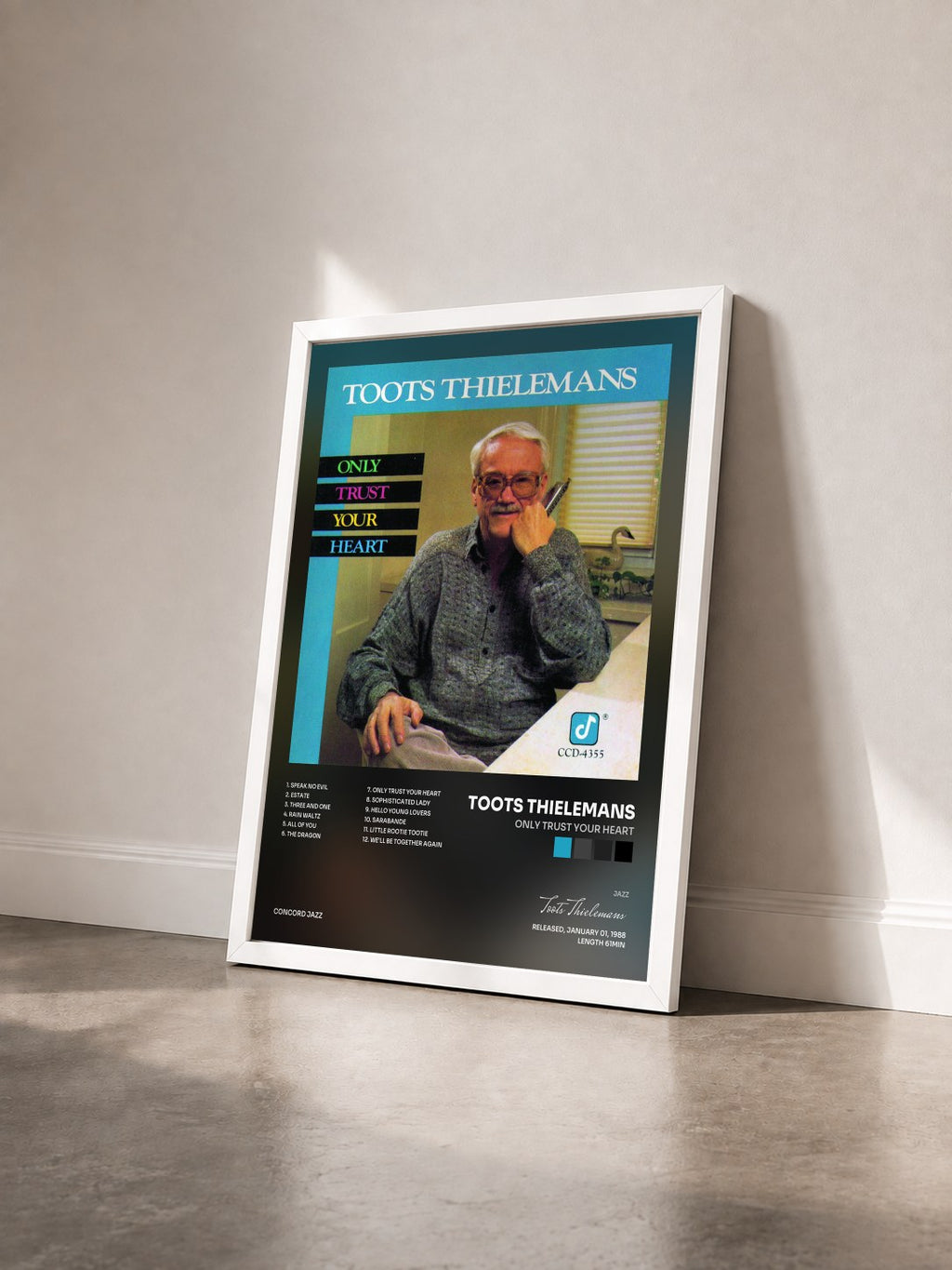 #blanc Only Trust Your Heart by Toots Thielemans as a framed art print seen at an angle, white frame