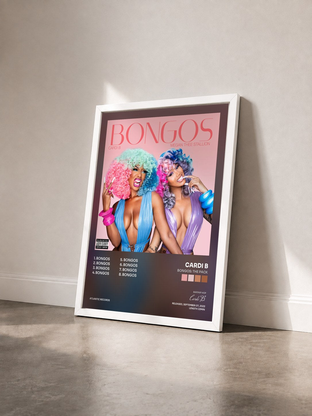 #blanc Tableau de l'album Bongos: The Pack de Cardi B vu de trois quarts, cadre blanc