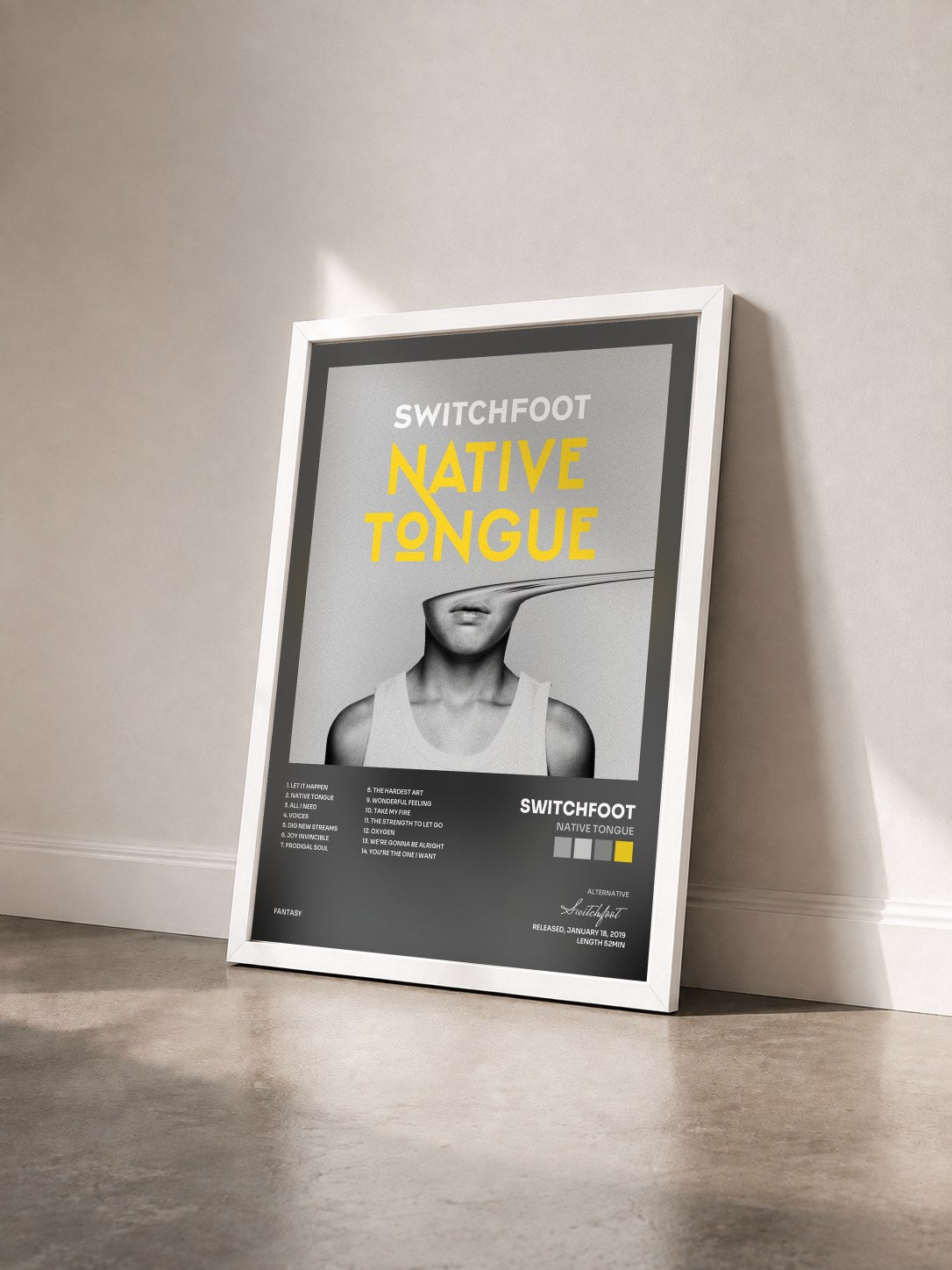 #blanc Tableau de l'album NATIVE TONGUE de Switchfoot vu de trois quarts, cadre blanc